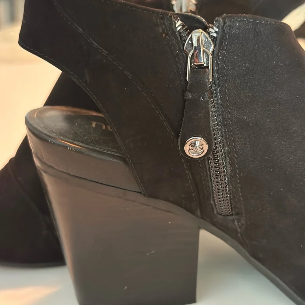 Black Suede Heeled Boots with Open Toe and Sleek Design - Picture 7 of 9